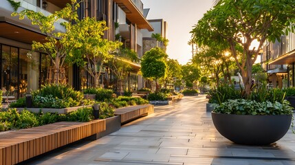 Obraz premium Serene outdoor lifestyle shopping promenade lined with modern architecture and lush green planters, bathed in soft golden hour sunlight.