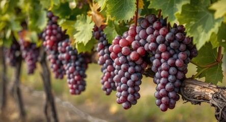 Naklejka premium Bunches of red grapes maturing on sprawling vineyard vines ready for picking