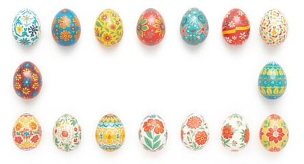 Fototapeta premium Brightly decorated Ukrainian Easter eggs showcased on plain white background featuring copy space
