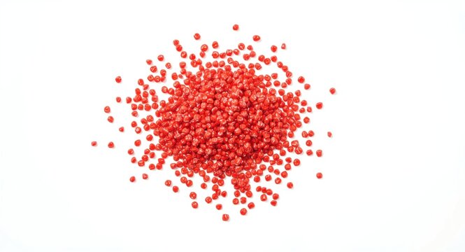 Cluster of red polyamide granules on a clean white backdrop with gentle light