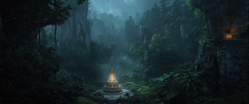 Digital Concept Art Highlighting a Buddhist Sanctuary Hidden Deep Within a Forest Valley