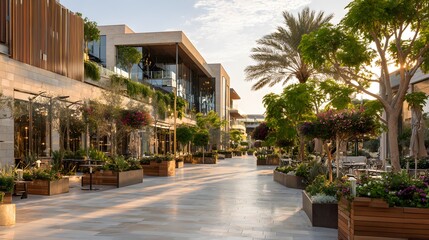 Serene outdoor lifestyle shopping promenade lined with modern architecture and lush green planters, bathed in soft golden hour sunlight.