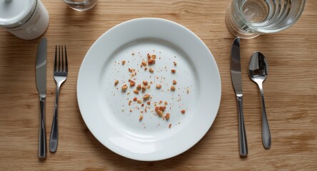 Casual domestic setting with a used plate holding food crumbs on a natural wood surface surrounded by cutlery and a glass