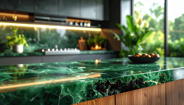 Luxurious kitchen with malachite countertops and lush greenery