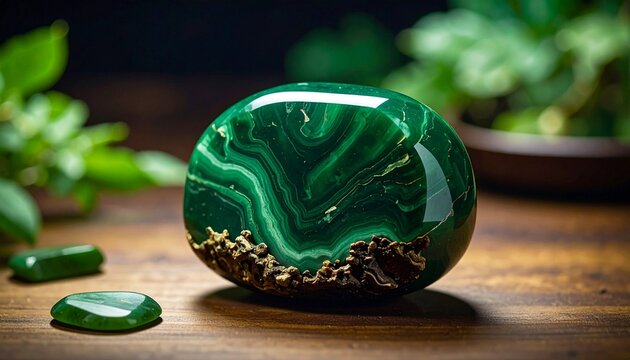 Polished malachite stone with swirling patterns on wood, greenery in background