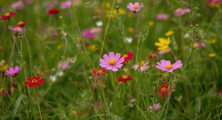 Fototapeta premium Colorful meadow with blooming cosmos flowers in pink and red hues
