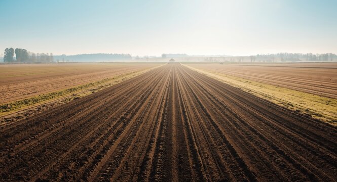 An open field that has undergone thorough plowing and harrowing processes