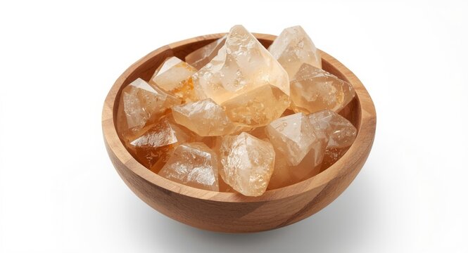 Bowl holding shiny translucent tragacanth gum crystals positioned on natural wood surface with white background