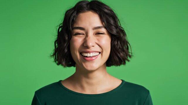 Happy woman laughing green background.