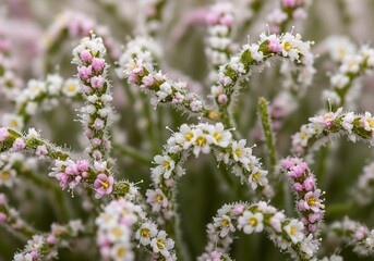 Obraz premium Delicate pink and white tiny flowers form curved floral arrangement closeup