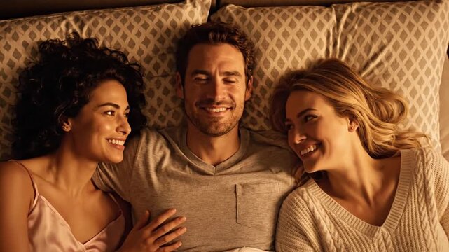 Happy threesome in bed.