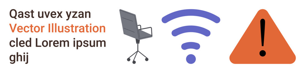 Remote work, connectivity, office environments, security alerts, workplace communication, technology awareness. Office chair, wireless signal and warning icon. Remote work and connectivity concept