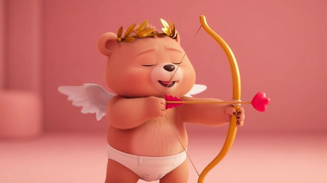 Animated cartoon bear cupid character with bow and arrow celebrating valentines day love and romance on a light red background