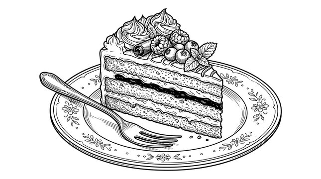 Cake slice with berries  fork.