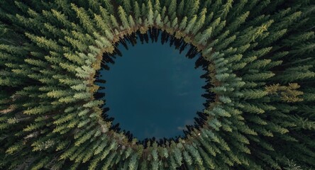 Fototapeta premium Elevated view of pine tree ring around circular lake perfect for copyspace and text