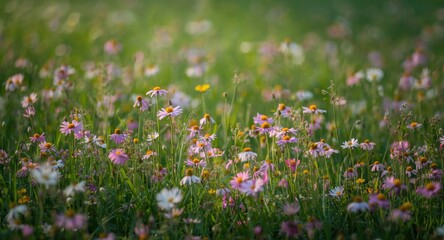 Fototapeta premium Bright blooming flowers spread across a calm green meadow with subtle light