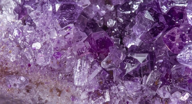 Detailed macro shot of rough amethyst quartz mineral surface showing purple crystals