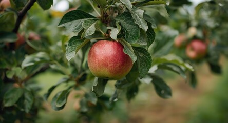 Country farm apple picking with ripe fruit hanging from leafy branches