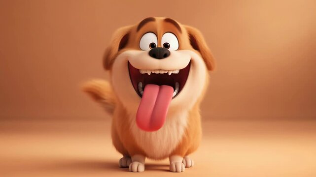 Adorable animated dog with exaggerated happy expression and long tongue out against orange background ready for childrens content creation