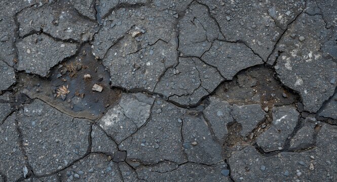 Degraded asphalt pavement exhibiting cracked surface and large potholes