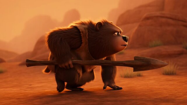 Animated cartoon cave bear carrying spear on arid landscape for prehistoric adventure storytelling and educational content creation