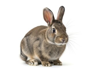Obraz premium A cute brown rabbit sitting on the floor with its head turned to the right and long ears standing upright in a studio setting
