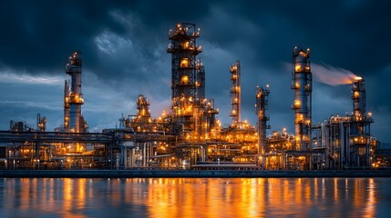 Fototapeta premium Spectacular sprawling oil refinery glowing with thousands of golden amber lights under a dramatic deep blue twilight sky, intricate pipes.