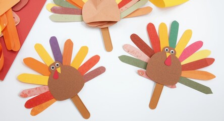 Obraz premium Children creating colorful handmade Thanksgiving crafts with paper and sticks including bookmark turkeys and puppet turkeys