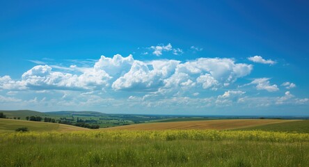 Fototapeta premium Electric blue sky with white cumulus clouds floating above a tranquil natural horizon