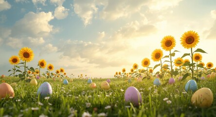 Naklejka premium Sunny landscape with vibrant Easter eggs and towering sunflowers beneath a soft clouded sky copy space