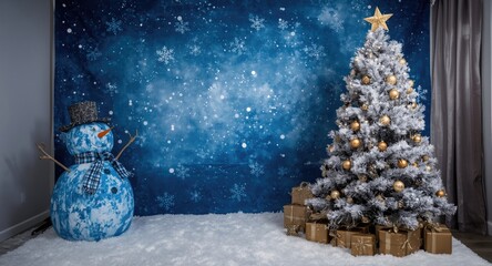 Obraz premium Christmas setting backdrop with a blue snowman and a furry tree decorated for the holidays