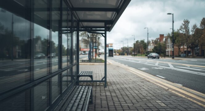 sidewalk bus stop captured from a low camera angle
