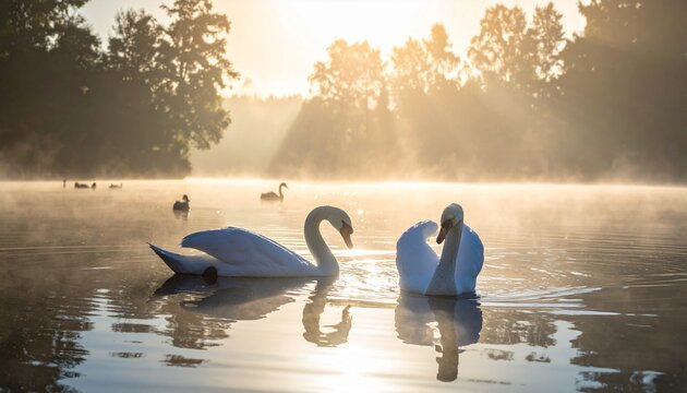 Swans swim peacefully on a misty lake at sunrise with trees in the background