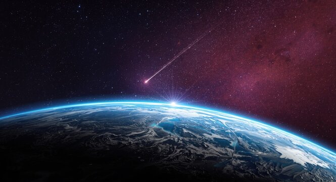 Dazzling extraterrestrial scene featuring Earth seen from a foreign planet against neon space hues with meteor crossing starry night