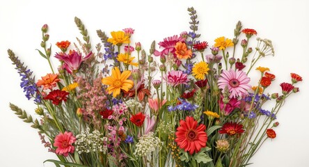 Obraz premium Cheerful wildflower bouquet featuring rich hues on simple white background