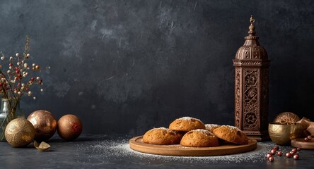 Obraz premium Bright kitchen background featuring dark textured surfaces and festive Eid al Fitr baking
