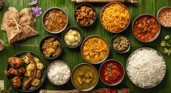 Assorted traditional South Indian meals served on banana leaves with vibrant chutneys
