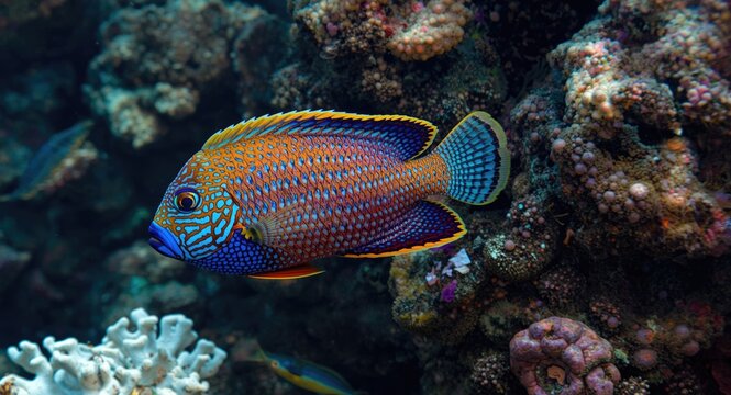 Colorful parrotfish playfully gliding through vibrant coral reefs in pristine tropical waters with detailed scale patterns