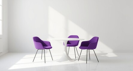 Obraz premium Contemporary dining room featuring purple chairs and white round table with blank wall space