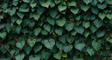 Naklejka premium Dense thick green vines with heart shaped leaves covering a textured background