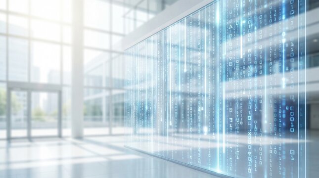 Futuristic digital data streams flowing through a modern glass office building interior.