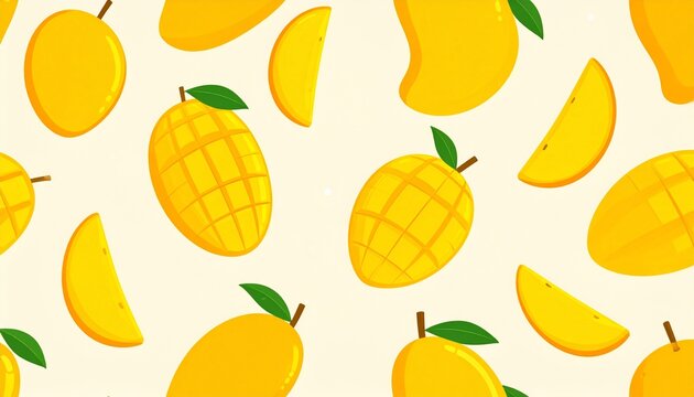 Fresh yellow mango slices and whole fruit seamless pattern on white background