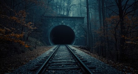 Fototapeta premium railway track venturing into a mysterious forest tunnel