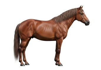 Naklejka premium A muscular brown horse stands proudly facing right with flowing mane and tail in a studio setting from a side viewpoint