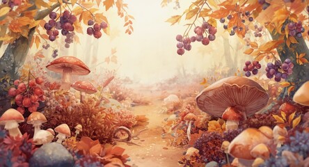 Anime watercolor painting of autumn forest scene with diverse berries, leaves, and mushrooms