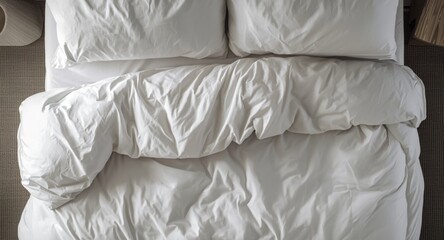 Obraz premium Bedstead with mattress and neatly arranged white duvet and pillows from above