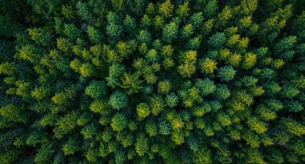 Elevated view of healthy forest displaying five stars and approval checkmark for environmental certification