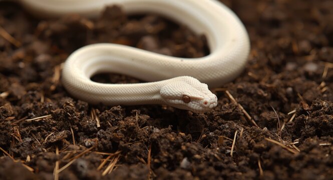Close up of an albino python stretched across farm soil in warm light