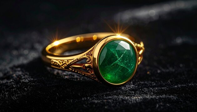Close-up of a gold ring with a large, faceted green gemstone, elegant detail