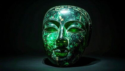 Naklejka premium Jade face sculpture with a serene expression, lit on a dark background